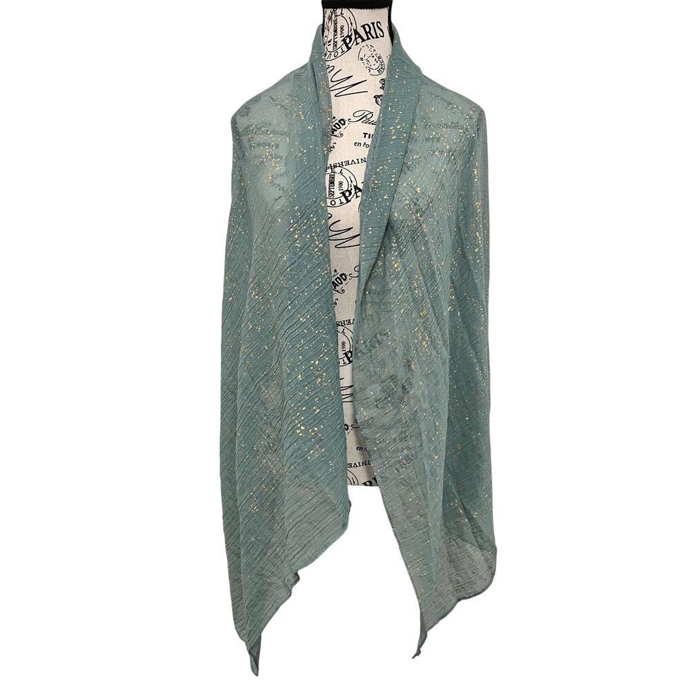 Crinkled Gauze Shawl Sage Green Metallic Gold Speckled Ethereal Resort Wear Boho